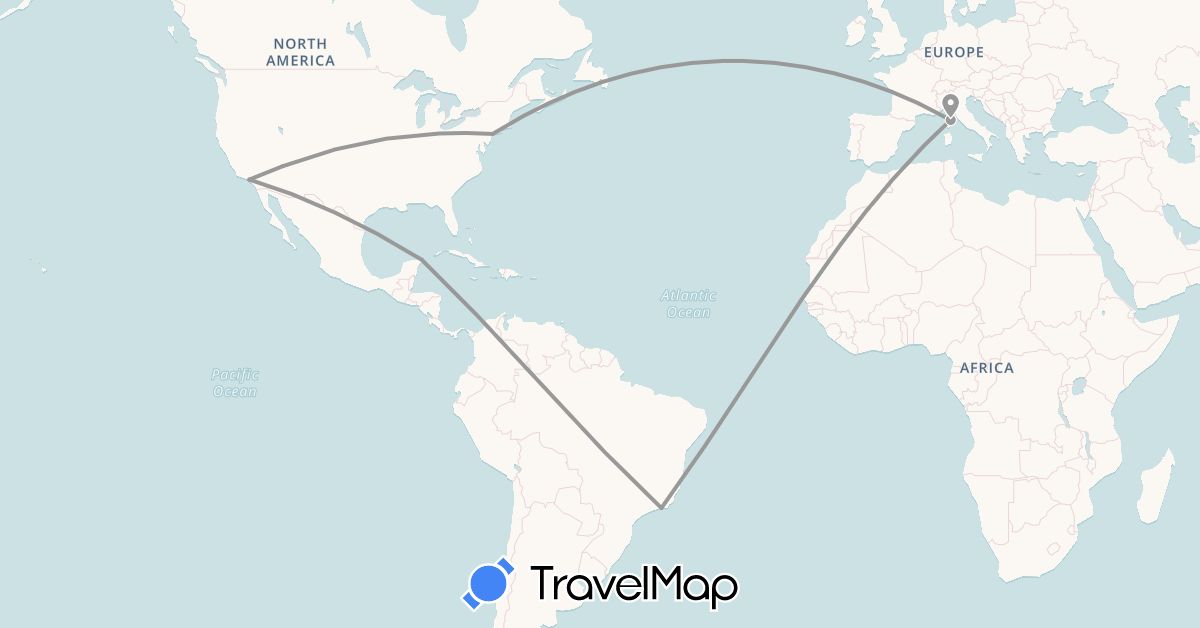 TravelMap itinerary: driving, plane in Brazil, France, Mexico, United States (Europe, North America, South America)